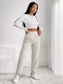 Pantalones zanahoria unicolor con fruncido - Albaricoque - Ver 6