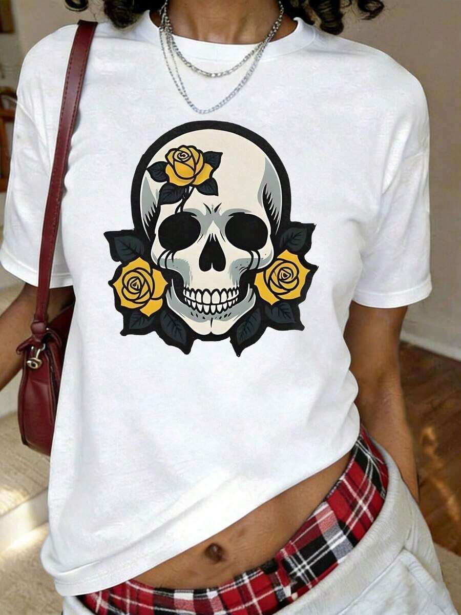 Casual T-Shirt With Scary Skull And Yellow Flower Print, Classic Fit, Short Sleeve, Round Neck, For Summer And Spring, Plus Size Clothing For Women - White - View 1