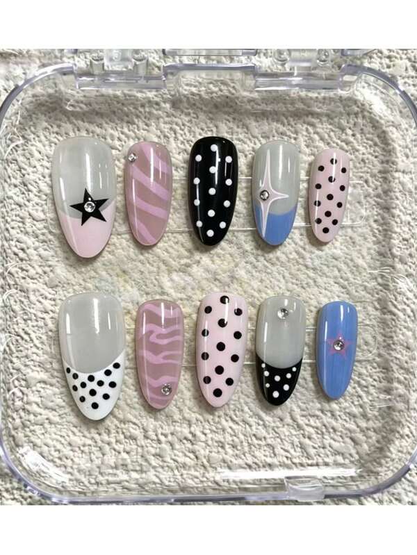 10pcs Themed Nail Stickers, Nude Transparent Base With Pink-Blue French, Polka Dots, Stars, Heart Rhinestones, "I ❤️ BP" Handwritten Design, Oval Medium Length Shape, Suitable For Concerts, Fanmeetings, Daily Wear, Reusable With Gel Polish And Nail File Nails Handmade Press On Nails