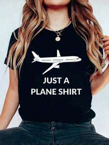 Impala Camiseta 'Just A Plane' Divertida con Estampado de Avión, Aviador, Piloto, Camiseta de Manga Corta con Cuello Redondo para Mujer, Camisetas Gráficas de Moda, Top para Mujer - Multicolor - Ver 1