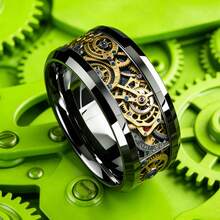 8mm Black Tungsten Carbide Ring With Beveled Edge, Hollow Gear Pattern Design, Industrial Style Unisex Band, Suitable Gift For Steampunk Enthusiasts - Silver - View 8