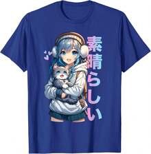 Linda camiseta de manga de anime con gato para amante de los gatos Kawaii Otaku - Azul real - Ver 4