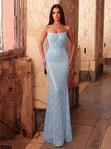 Faeriesty Luxurious Glamorous Strapless Beaded Sequin Mermaid Evening Gown, With Densely Clustered Embellished Neckline, Form-Fitting Bodice And Mermaid Flared Skirt, Suitable For Weddings, Galas, Balls And Red Carpet Events Vacation Party - Dusty Blue - View 4