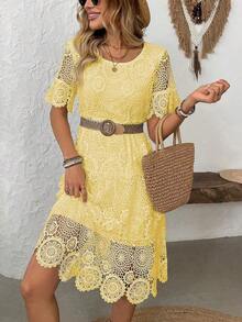 Vestido informal hasta la pantorrilla con encaje para vacaciones, diseño calado en forma de pastel para mujeres - Amarillo - Ver 5