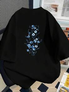 Camiseta de Mujer con Estampado Frontal y Trasero, Patrón Floral Azul, Estilo Sencillo con Cuello Redondo, Manga Corta Casual, Adecuada para Todas las Estaciones y Uso Diario, Diseño Divertido - Negro - Ver 2