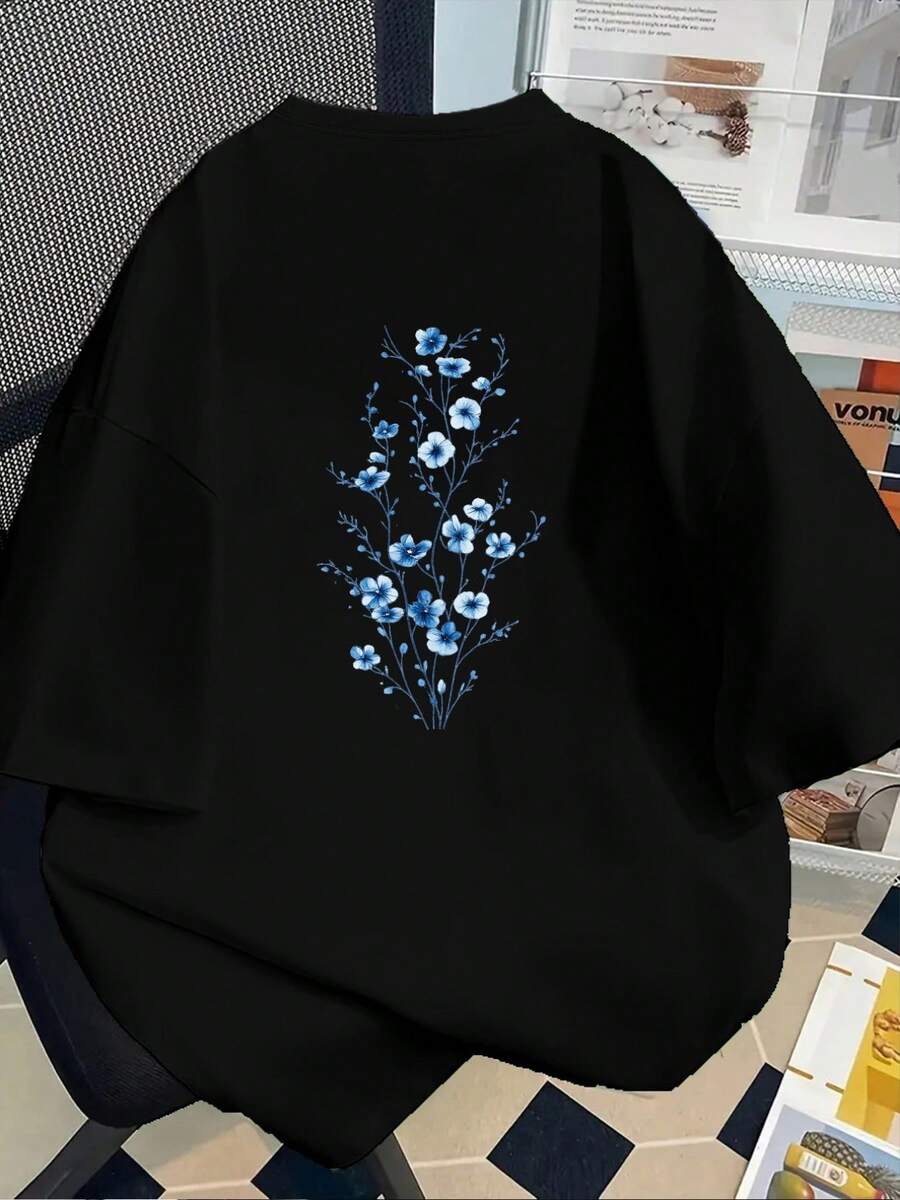 Camiseta de Mujer con Estampado Frontal y Trasero, Patrón Floral Azul, Estilo Sencillo con Cuello Redondo, Manga Corta Casual, Adecuada para Todas las Estaciones y Uso Diario, Diseño Divertido