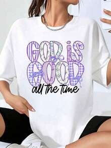 Camiseta con Estampado Floral y a Cuadros Morado "God Is Good All The Time" para Mujer, Estilo Casual Oversized, Ideal para Uso Diario y Atuendos Inspirados en la Fe, Adecuada para primavera, verano y otoño.Camiseta deportiva para mujer - Blanco - Ver 1