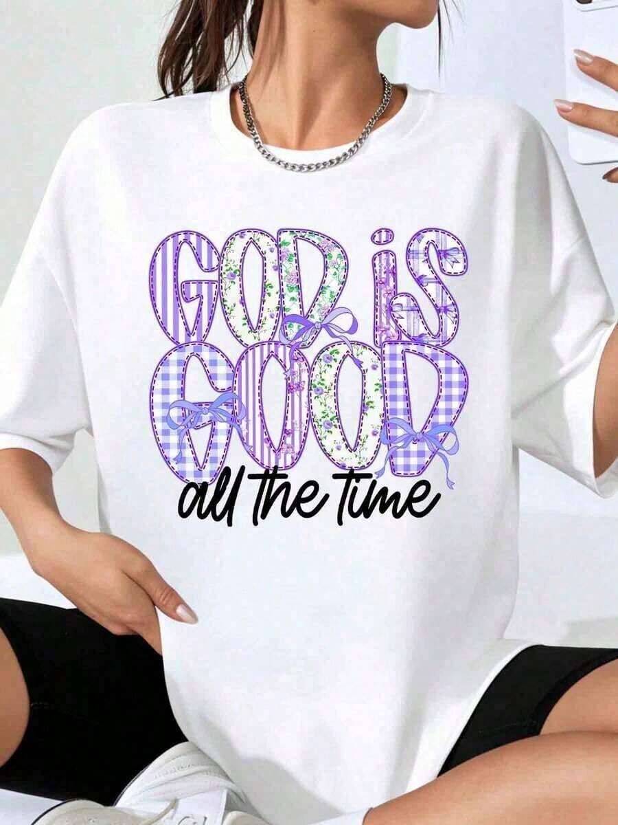 Camiseta con Estampado Floral y a Cuadros Morado "God Is Good All The Time" para Mujer, Estilo Casual Oversized, Ideal para Uso Diario y Atuendos Inspirados en la Fe, Adecuada para primavera, verano y otoño.Camiseta deportiva para mujer - Blanco - Ver 1