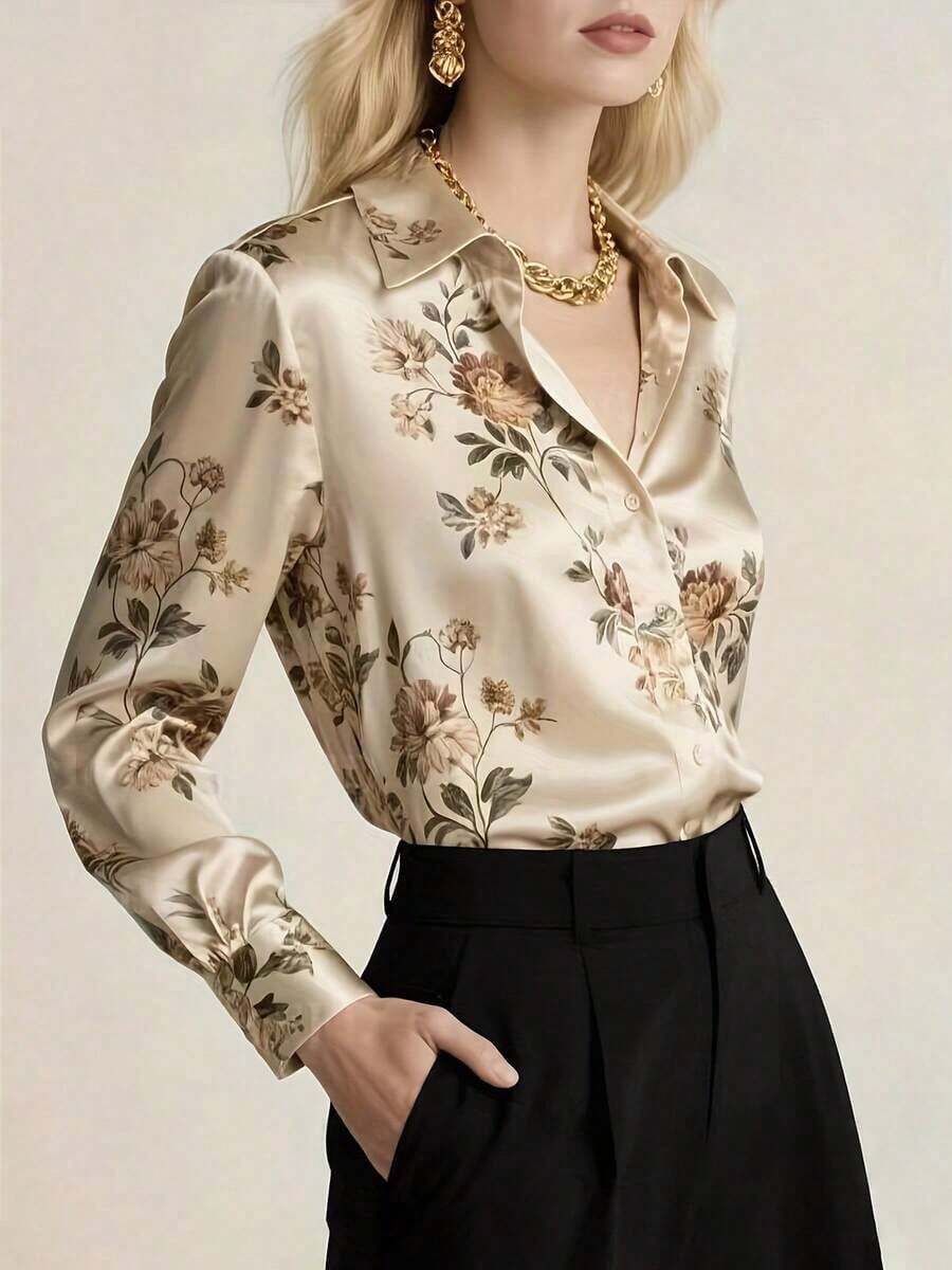 Camisa elegante de satén con estampado floral de manga larga y botones delanteros para primavera y vacaciones - Color - Ver 1