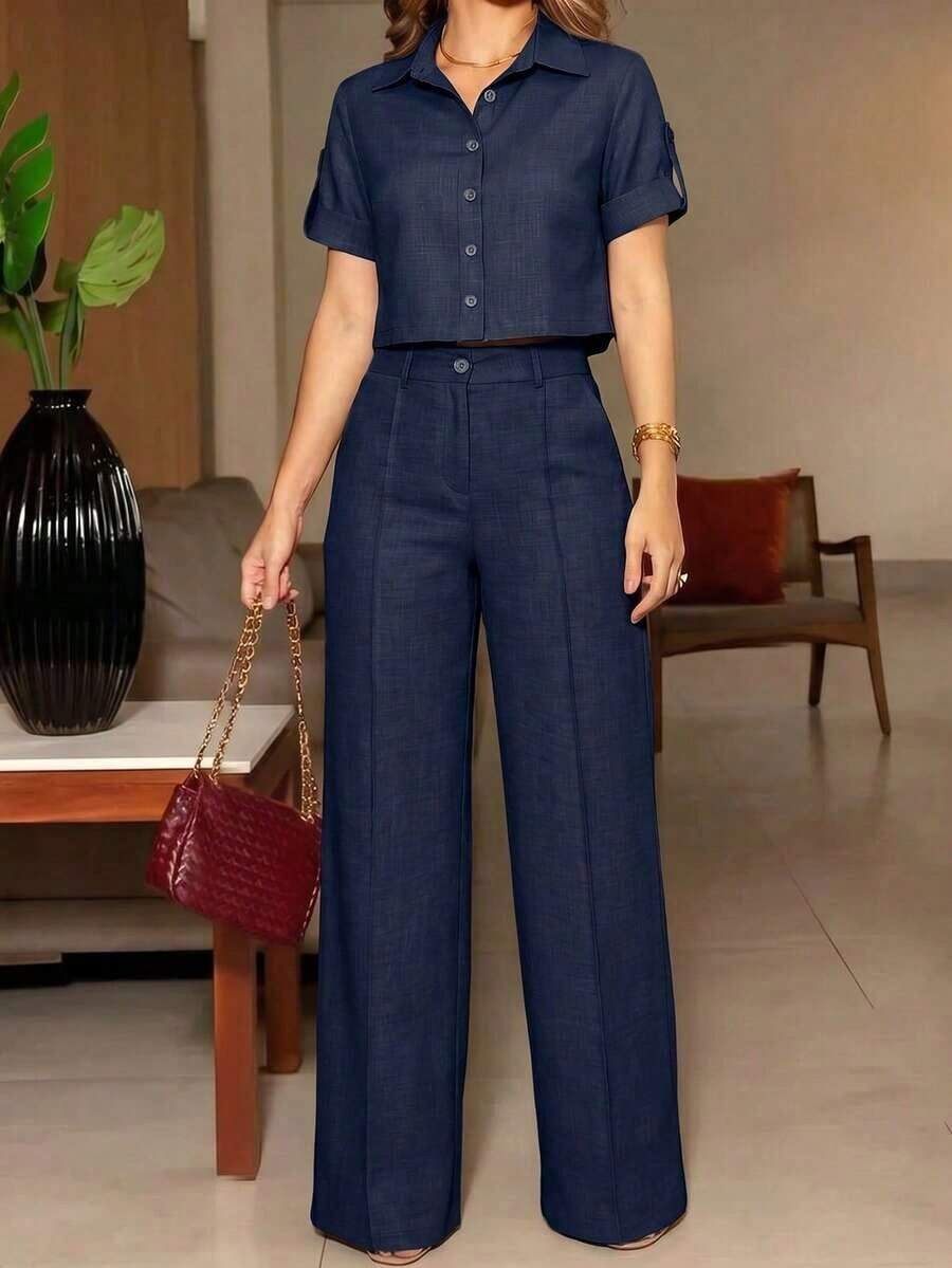 ANCHOSE Conjunto de camisa de botones de cuello corto azul marino de verano para mujer + pantalones de pierna ancha con cintura elástica alta, conjunto de atuendo casual minimalista para ir al trabajo - Azul marino - Ver 1