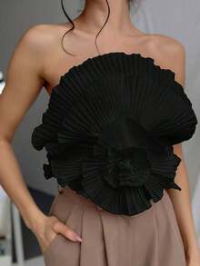 Bandeau plisado con estampado floral - Negro - Ver 4