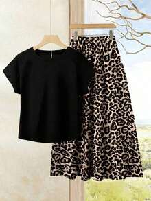 2 piezas Conjunto casual de verano para mujer con parte superior de unicolor + falda estampada, conjunto de verano para mujer, conjunto de falda y blusa, conjunto de falda y blusa para mujer, conjunto de falda estampada, conjunto de prendas con estampado animal para mujer, conjunto casual de 2 piezas para mujer - Multicolor 4 - Ver 5