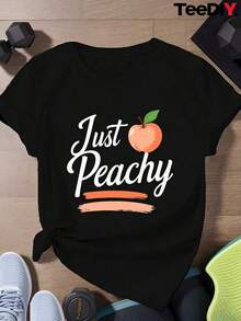 1 pieza Camiseta Gráfica de Talla Grande para Mujer con Diseño de Melocotón - Estampado de Melocotón y Hojas, Manga Corta, Cuello Redondo, Ropa Casual y Deportiva, Ajuste Cómodo para Todas las Temporadas, Eslogan "Peachy Keen", Camiseta Deportiva Lavable a Máquina para Uso Diario y Entrenamientos (Negra con Diseño de Melocotón) - Patrón Geométrico, Corte Relajado, Tela Transpirable, Ilustración Divertida de Melocotón, Moda de Talla Grande, Adecuada para Todas las Temporadas, Ropa de Mujer de Talla Grande, Tops de Mujer de Talla Grande, Ropa de Mujer de Talla Grande, 180g Algodón 100% - Negro - Ver 6