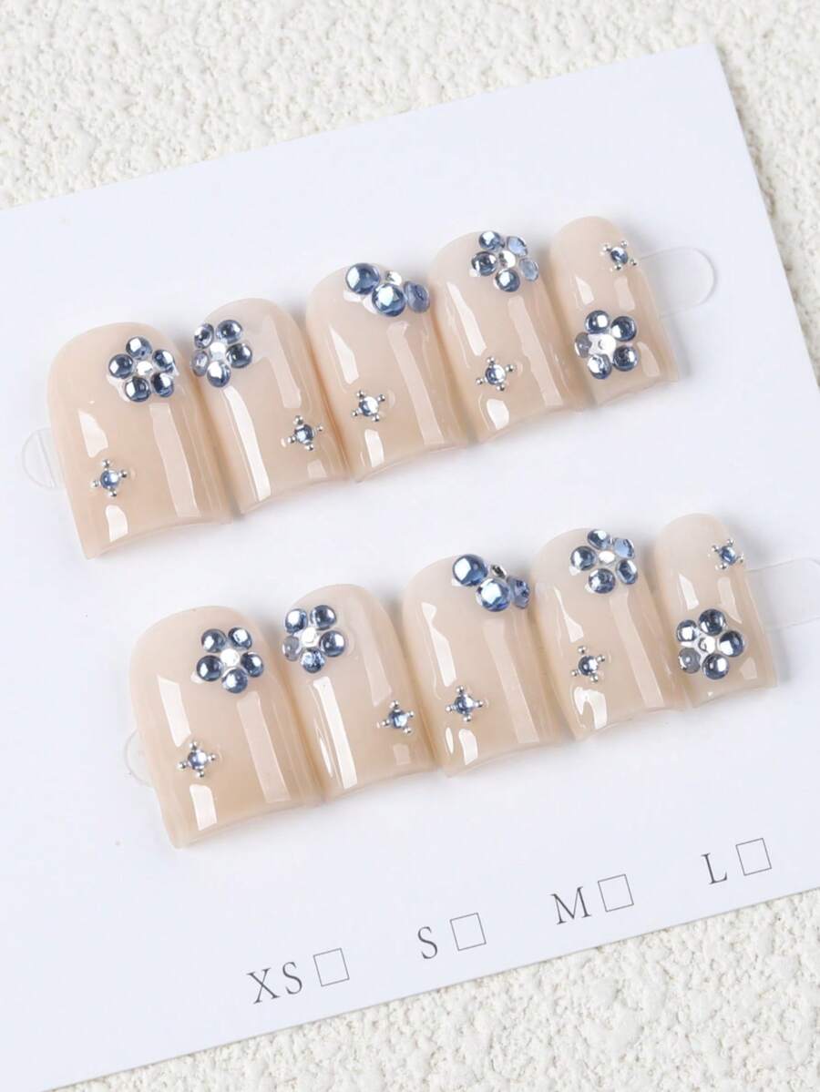 10pcs Glossy Nail Stickers, Short Square Acrylic False Nails, Nude Beige Base With Blue & Silver Rhinestone Flower & Star Decor, Minimalist Chic Style, Elegant Hand-Flattering, Suitable For Daily Wear And Work, Popular Rhinestone Nude Nails Handmade Press On Nails - Beige - View 1