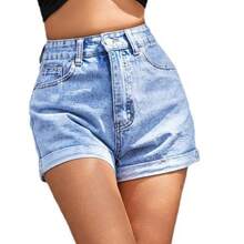 2026 Spring Summer New European American Women Jeans Shorts Loose Wide Leg Denim Shorts Casual High Waist  Streetwear Ladies Daily Vacation Outfit Pan - 藍色Light blue - 查看 2