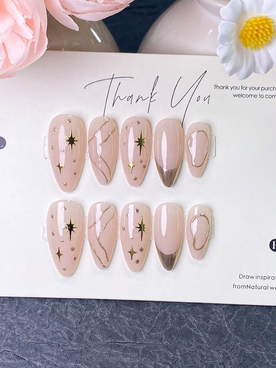 10pcs Handmade Nail Art Stickers, Handmade Nails, Short Nails, Summer Nails, Acrylic Nail Stickers, Nail Stickers, Nail Sticker Set, False Nails, Y2K Style Nails, Nude Nails, Champagne Nails, Gold Nails, Nude Almond-Shaped Gold Star Accent Nails, Gold Wavy Line Design Nails, Gold French Tip Nails, Abstract Gold Outline Nails. Elegant And Minimalist Style, Suitable For Ladies' Daily Commute, Dates, Nights Out And Special Occasions. - Champagne - View 1