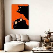 Framed Flat Black Cat Cartoon Canvas Painting on Orange Background, Art Decoration Print, Suitable for Living Room, Bedroom, Cafe, High-End Artwork, Graduation Gift, Wall Decor - Enmarcado - Ver 3