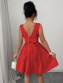Vestido de mujer unicolor con cuello redondo, sin mangas, con cintura ajustada, decoración de lazo y falda de patinadora - Rojo - Ver 7
