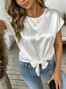 Women's Round Neck Short Sleeve Crop Top, Asymmetric Hem, Silk-Like Fabric White Summer - White - View 7