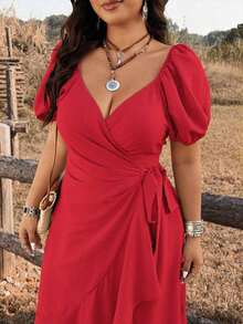 Ceyna Vestido de mujer talla grande elegante y minimalista para vacaciones, con cuello de ojo de cerradura, mangas de pétalo y lazo delantero - Rosa Roja - Ver 5