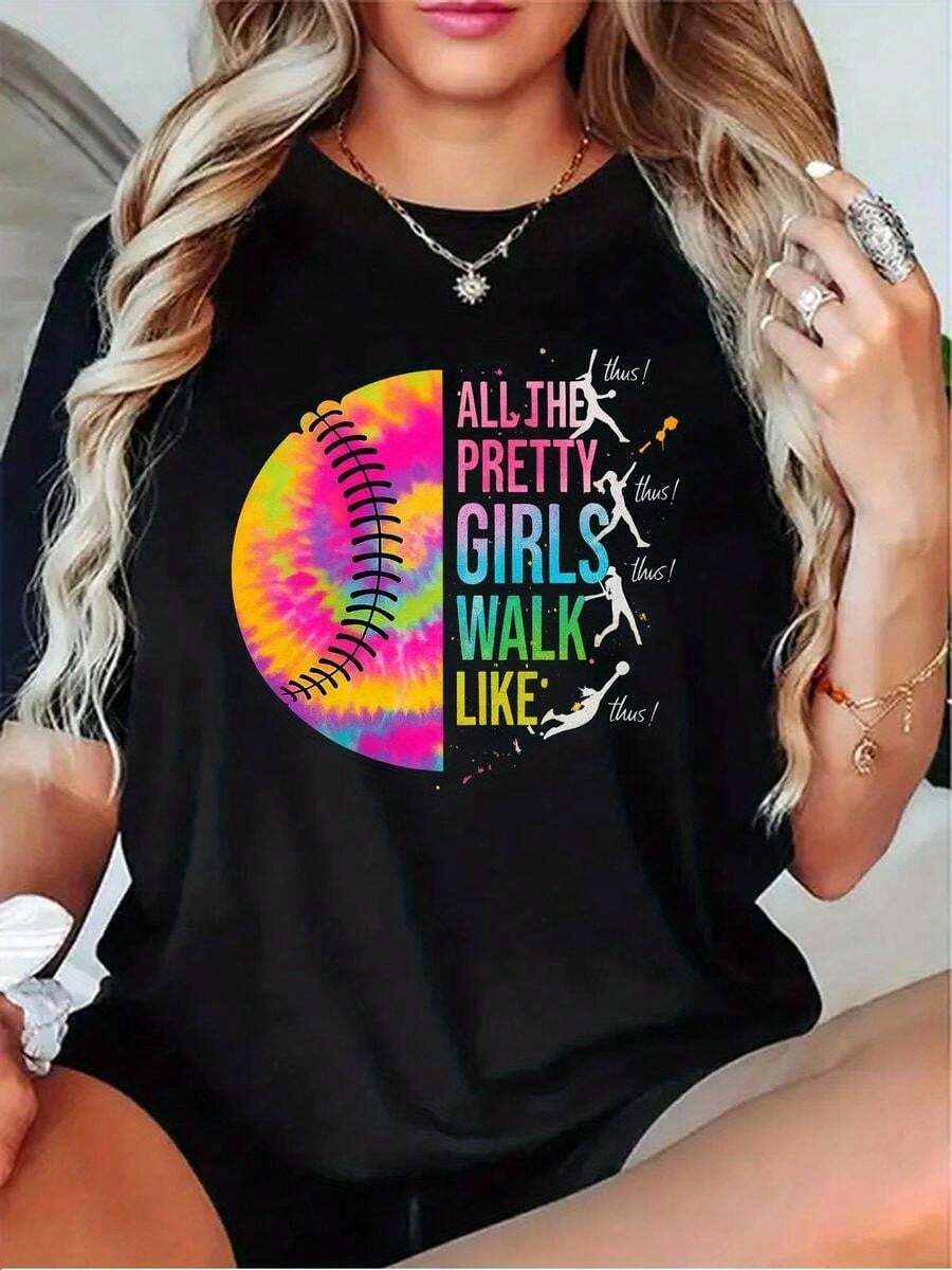 1 pieza de playera  para hombre y mujer, 100% algodón puro, cuello redondo casual con estampado, manga corta transpirable para uso diario, con dise?o de béisbol y frase motivacional - Negro - Ver 1