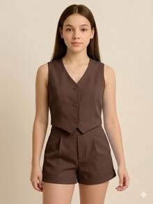 Girls' Teen Outfit With Cropped Vest And Tailored Shorts In Tailored Fabric With Transparent Buttons – Christmas Outfit For Girls, Teenagers And Pre-Teens, Elegant 2-Piece Look, Girls' And Teen Clothing, Stylish Teen Girl Fashion, Comfortable And Modern Teen Girls' Clothing - Rỉ Nâu - Xem 1