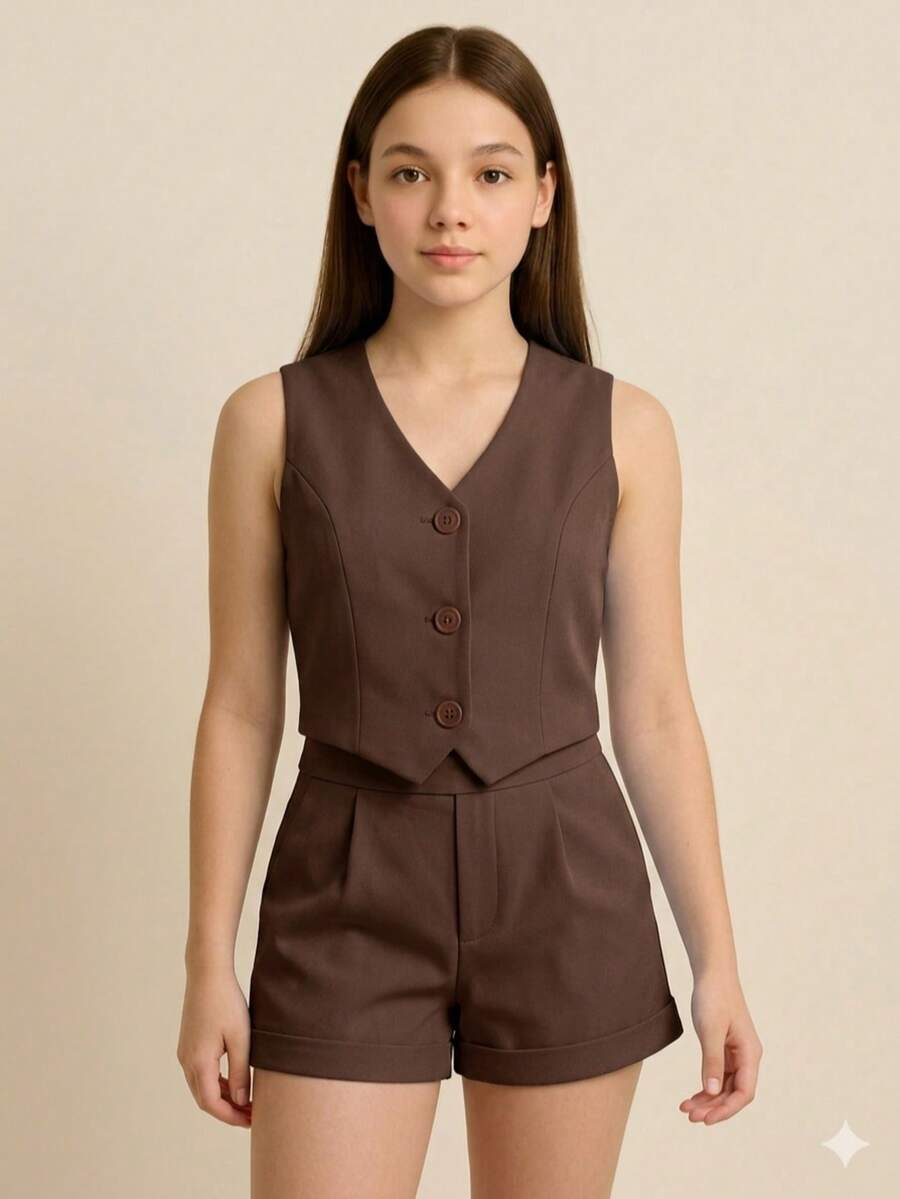 Girls' Teen Outfit With Cropped Vest And Tailored Shorts In Tailored Fabric With Transparent Buttons – Christmas Outfit For Girls, Teenagers And Pre-Teens, Elegant 2-Piece Look, Girls' And Teen Clothing, Stylish Teen Girl Fashion, Comfortable And Modern Teen Girls' Clothing - Rỉ Nâu - Xem 1