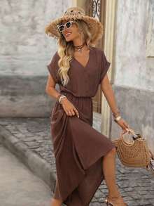 Vestido de mujer de manga corta holgado con cuello en V y medio abierto, de tela texturizada, adecuado para exteriores y vacaciones, primavera/verano - Marrón - Ver 5