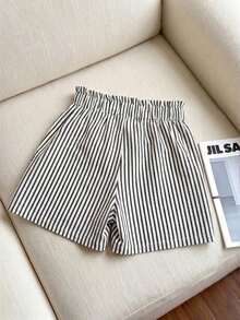 Pantalones cortos casuales sueltos con cintura de corbata a rayas para mujer - Blanco y Negro - Ver 2