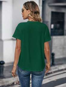 Camiseta de cuello redondo de manga corta de unicolor para mujer de moda - Verde Oscuro - Ver 2
