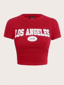 Camiseta De Manga Corta Para Mujer Con Estampado De Letras - Rojo - Ver 3