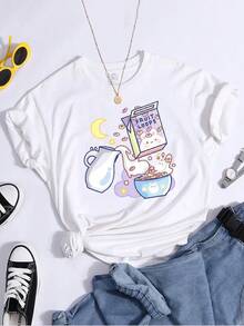 Camiseta de mujer de algodón manga corta casual estampado desayuno juvenil para verano  en México - Blanco - Ver 1