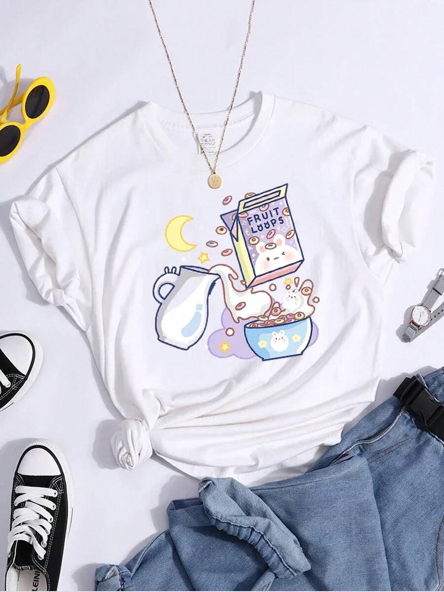 Camiseta de mujer de algodón manga corta casual estampado desayuno juvenil para verano en México - Blanco - Ver 1