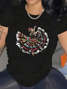 Camiseta negra para mujer con diseño de bailarina folklórica multicolor,estilo cultural mexicano,suave textura,tejido resistente  y ajuste cómodo casualPure-Cotton - Negro - Ver 7