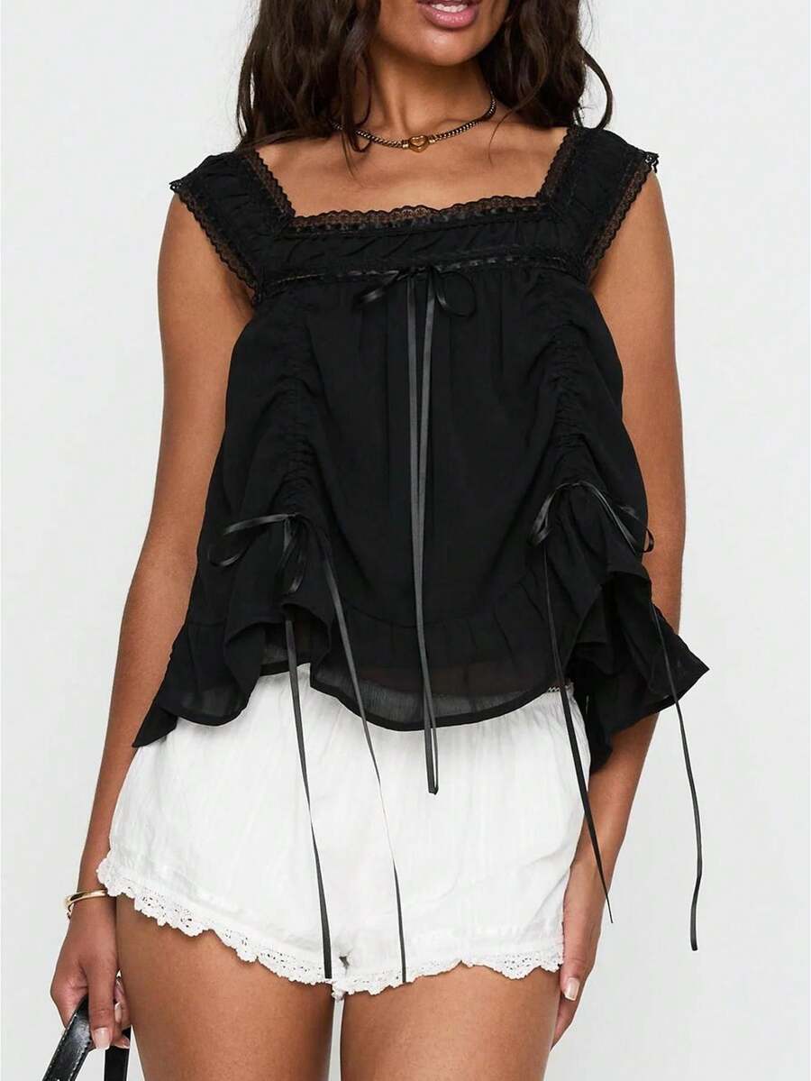 Women's Coquette Cream Lace Trim Camisole Y2K Square Neck Ruffled Hem Drawstring Ruched Top For Summer - Negro - Ver 1