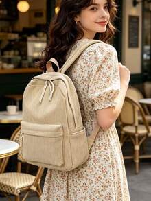 Solid Color Corduroy Fabric Fashionable Versatile Minimalist Backpack For Women - Khaki - View 5