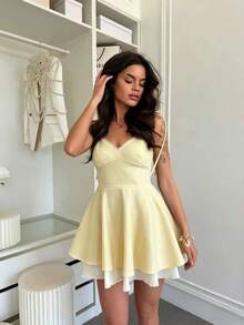Vestido Mujer Moda Verano Tirantes Ajustado con Diseño Combinado Estilo Europeo Elegante Fiesta - Amarillo - Ver 11