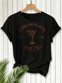 1 pieza de camiseta holgada de hombros caídos con el eslogan "Espresso Martini", color café, primavera, 180g, 100% algodón. - Negro - Ver 4