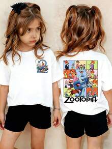 Disney Girls Zootopia Printed T-Shirt, Cute Cartoon Pattern Short-Sleeved Crew Neck T-Shirt, Soft And Breathable Casual Top For Girls, Perfect For Daily Wear And Summer Outings - 白色 - 查看 1