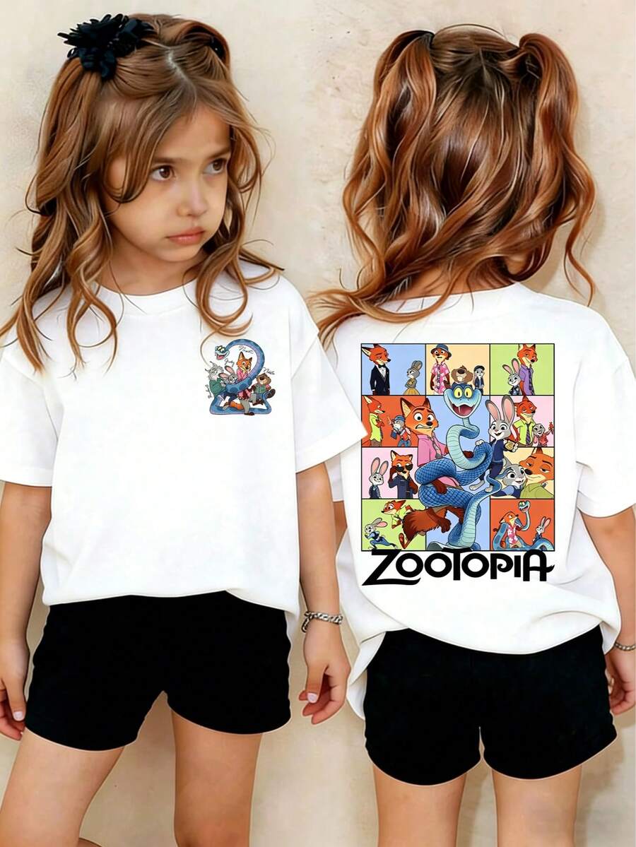 Disney Girls Zootopia Printed T-Shirt, Cute Cartoon Pattern Short-Sleeved Crew Neck T-Shirt, Soft And Breathable Casual Top For Girls, Perfect For Daily Wear And Summer Outings - 白色 - 查看 1