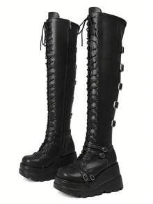 Women Motorcycle Boots High Wedges Heel Round Toe Buckle Over Knee High Luxury Punk Gothic Shoes For Woman - 黑色 - 查看 7
