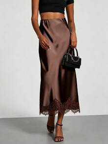 Elegant French Vintage Elastic Satin Texture Silky Brown Casual Contrast Lace Skirt, Fashionable Versatile - Brown - View 4