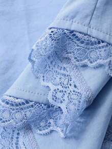 Camisa elegante de manga larga para mujer con pespunte de espina de pescado, empalme con adorno de encaje, ajuste ceñido, adecuada para uso en la oficina, primavera/verano - Azul - Ver 3