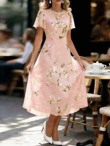 Vestido elegante con estampado floral, mangas con volantes y tela de gasa azul para mujeres - Rosa - Ver 3