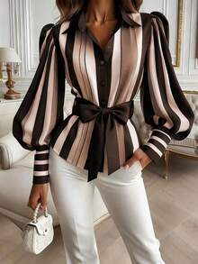 Camisa casual de primavera para mujer con botones delanteros, lazo en la cintura y rayas de contraste en negro - Caqui - Ver 3