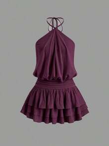 Vestido mini con espalda descubierta, estilo sexy y picante, de cuello halter, adecuado para citas, vacaciones y verano - Blanco - Ver 9