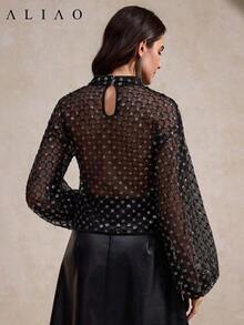 Blusa elegante con mangas de linterna bordada con lentejuelas ALIAO, versátil para ir al trabajo, citas, uso diario, brillante para fiestas de vacaciones - Negro - Ver 6