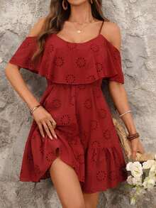Clasi Vestido de mujer con escote en V con volantes, de manga corta, elegante, con tirantes de espagueti, con estampado floral ditsy, vestido casual/de fiesta/de primavera-verano para vacaciones, vestido de hombros descubiertos de verano, vestido az - Rojo - Ver 6