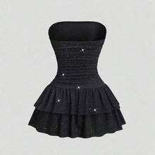 MewMuse.  Nuevo vestido mini elegante y casual de tela brillante con volantes escalonados, cintura ceñida y ajuste ceñido, para el verano - Albaricoque - Ver 3