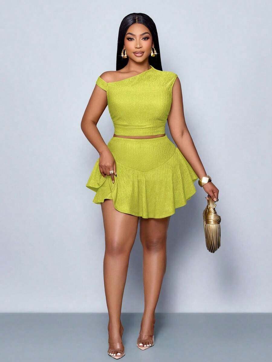 Conjunto de blusa con hombros asimétricos y pantalón asimétrico para mujer talla grande de Maweii, adecuado para San Valentín, uso casual diario, citas, fiestas, conciertos, Año Nuevo, primavera, verano y graduación, color verde, temporada de verano - Verde Oliva - Ver 1